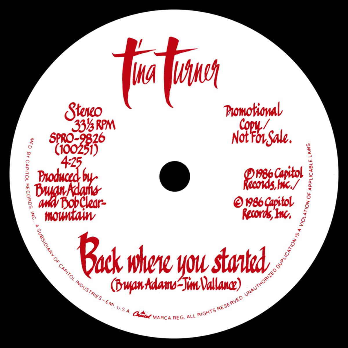 Tina Turner - Back Where You Started - Promo Single